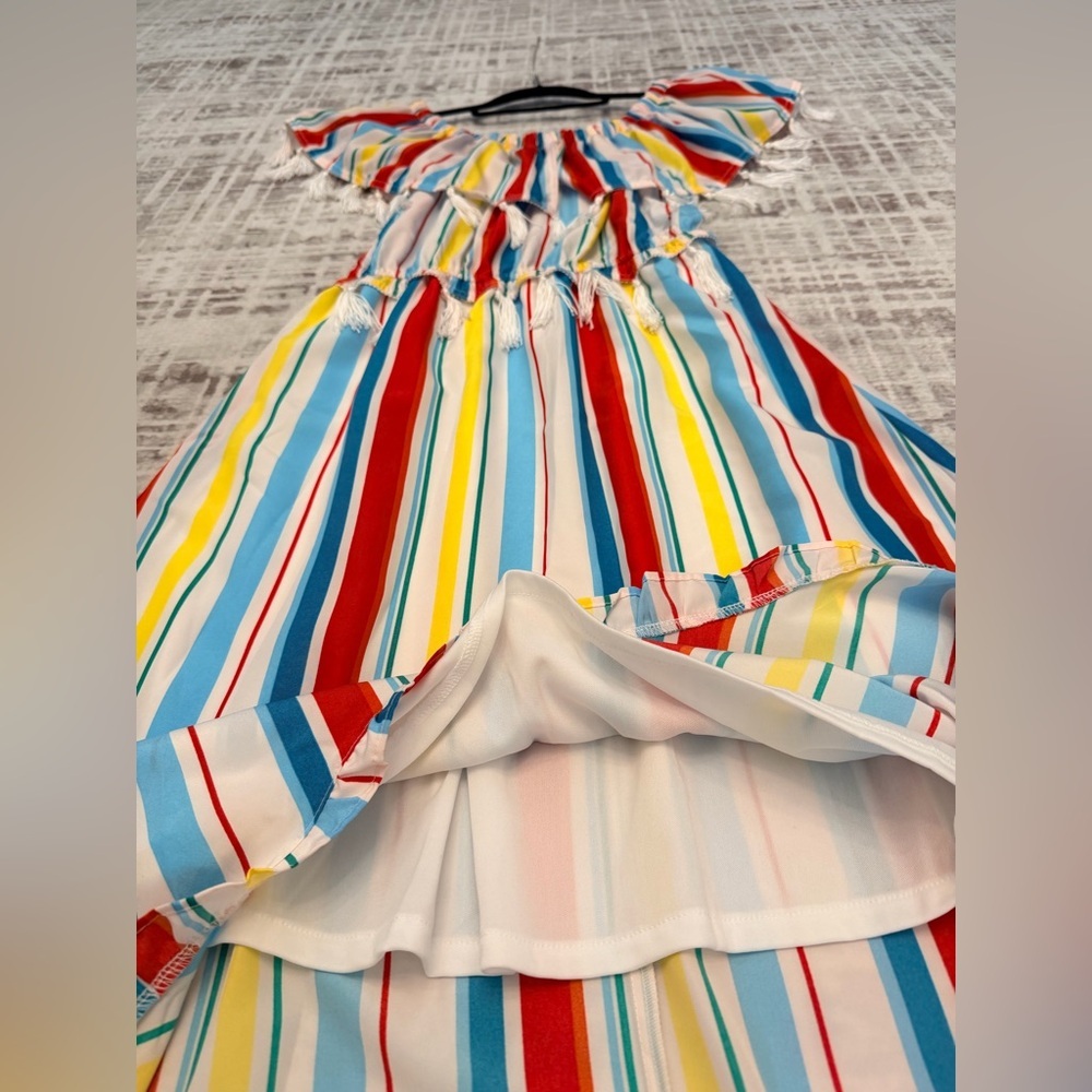 XOXO Off Shoulder Multicolor Striped High Low Maxi Dress Tassle Trim Boho Size M - Picture 9 of 11